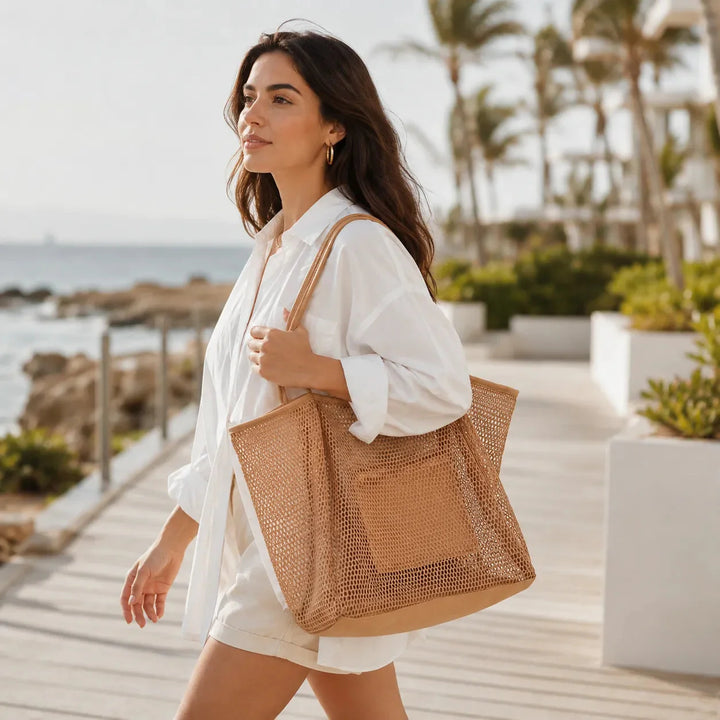 Mesh Beach Tote Bag with Hidden Zip Pocket, Sand Free Shoulder Bag for Women