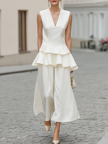Layered Peplum V-Neck Top And Wide-Leg Pants Set - Clova Women's Fashion