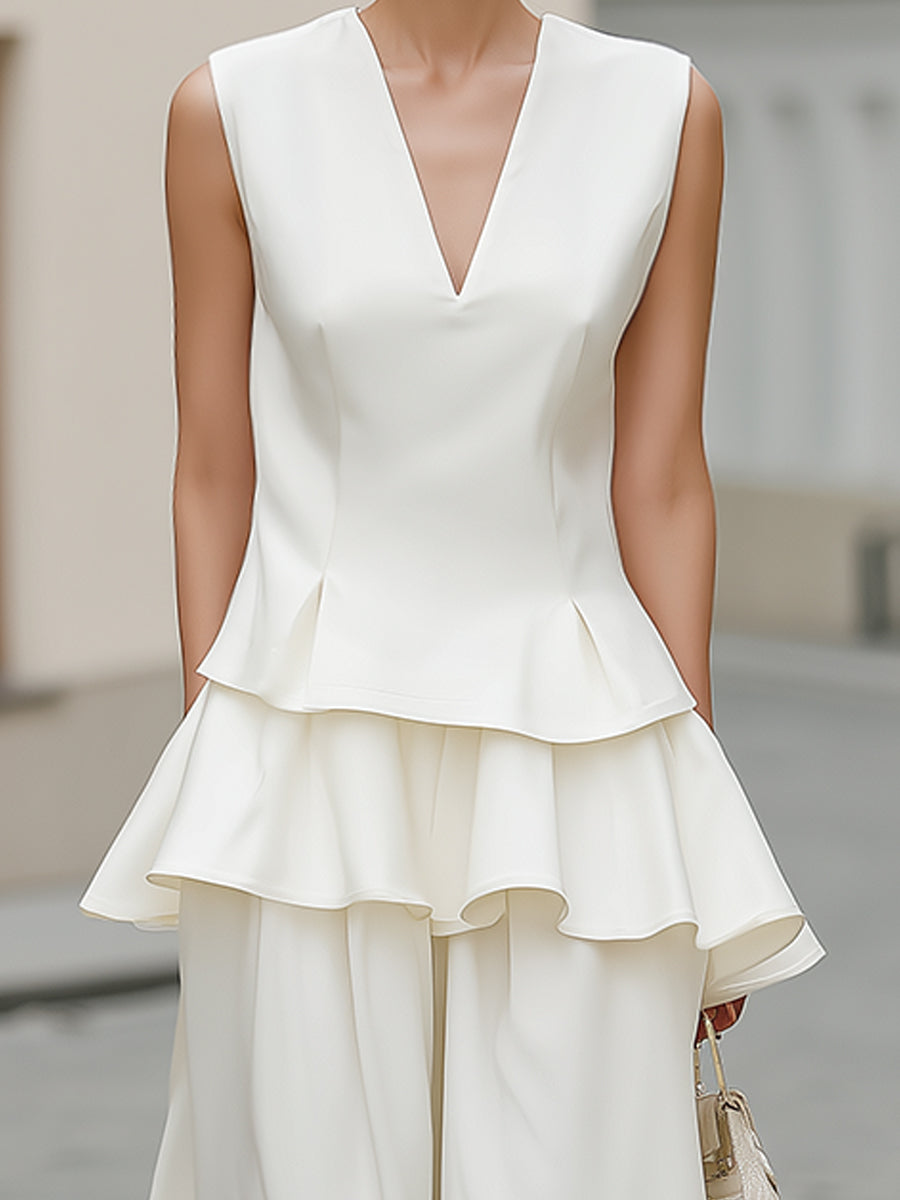 Layered Peplum V-Neck Top And Wide-Leg Pants Set - Style View 2 | Clova