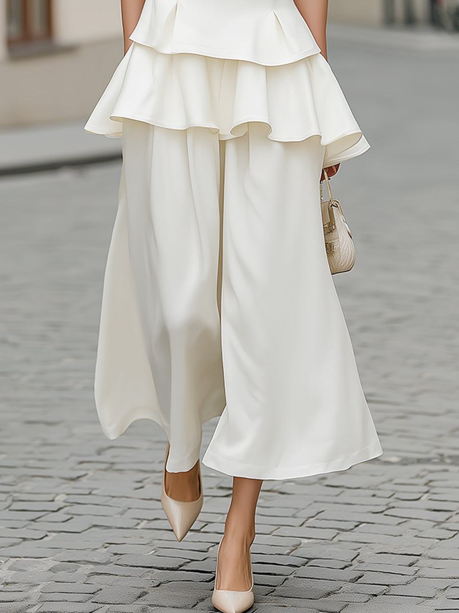 Layered Peplum V-Neck Top And Wide-Leg Pants Set - Style View 3 | Clova