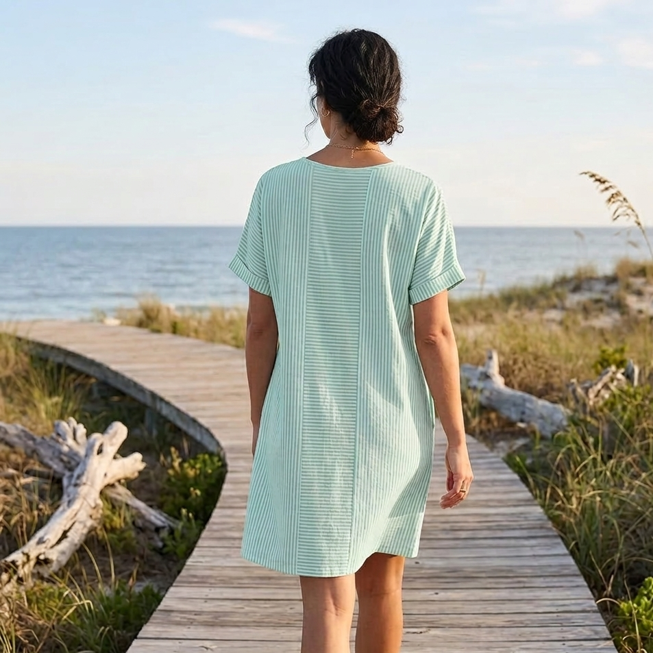 Striped Button-Placket Mini Dress with Pockets — View 4 | Clova