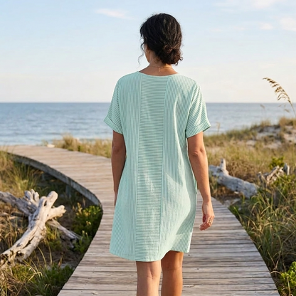 Striped Button-Placket Mini Dress with Pockets — View 4 | Clova
