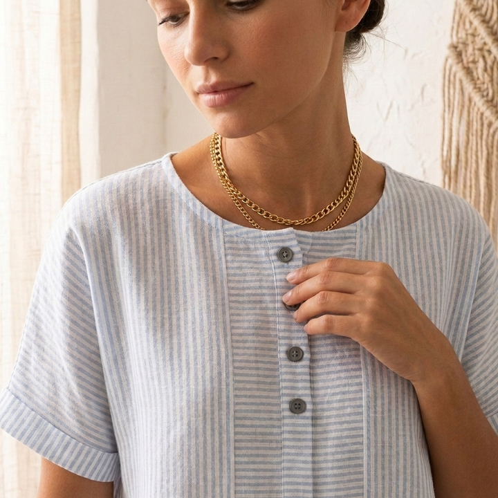 Striped Button-Placket Mini Dress with Pockets — View 5 | Clova
