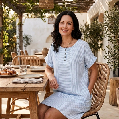 Striped Button-Placket Mini Dress with Pockets — View 3 | Clova