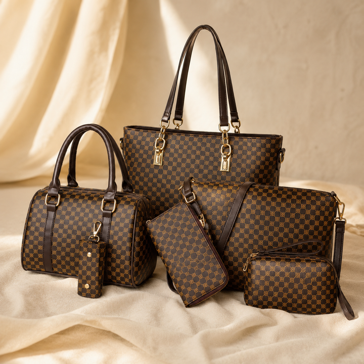 6-Piece Checkered Handbag Set, Tote Crossbody Wallet for Women