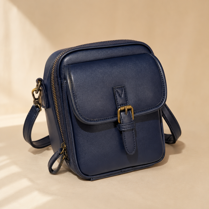 Structured PU crossbody bag with built-in wallet and glasses compartment