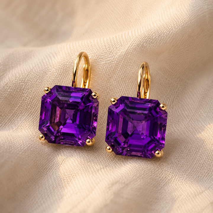 Amethyst purple drop earrings, gold finish