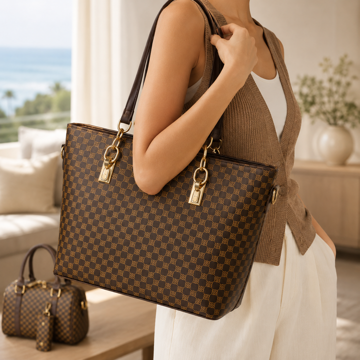 6-Piece Checkered Handbag Set, Tote Crossbody Wallet for Women