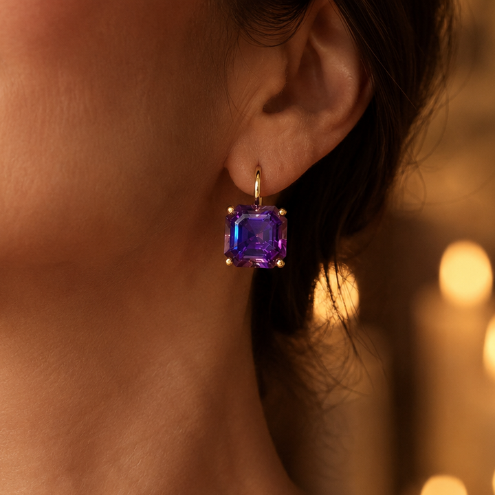 Amethyst purple drop earrings, gold finish