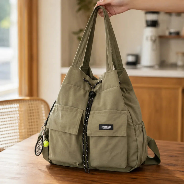 Convertible Drawstring Canvas Tote Backpack with Cargo Pockets