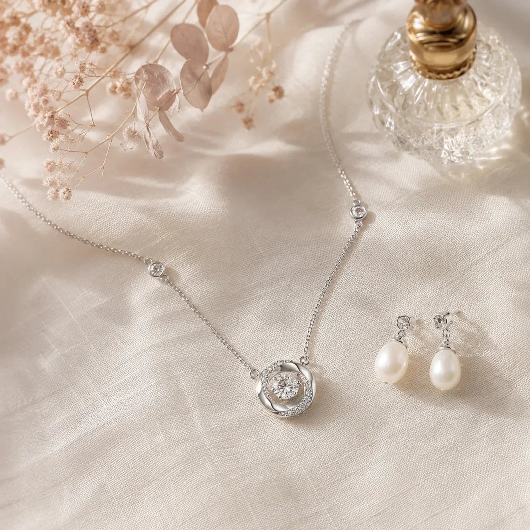 Floating Stone Silver Necklace with Pavé Halo