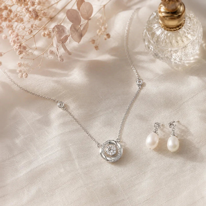 Floating Stone Silver Necklace with Pavé Halo