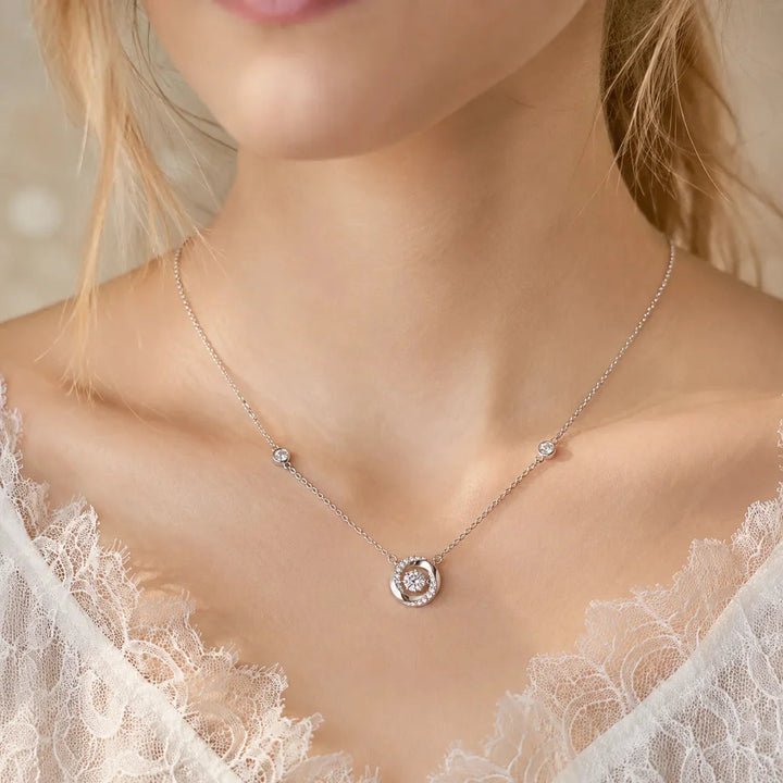 Floating Stone Silver Necklace with Pavé Halo