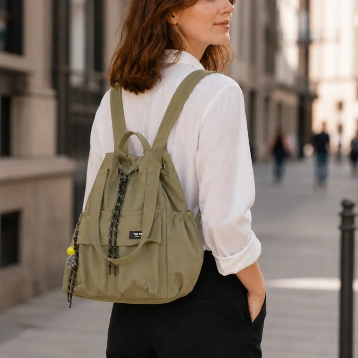 Convertible Drawstring Canvas Tote Backpack with Cargo Pockets