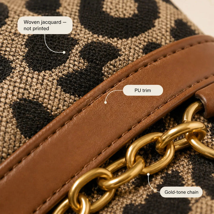 Woven Leopard Print Tote Bag with Leather Trim and Gold Chain