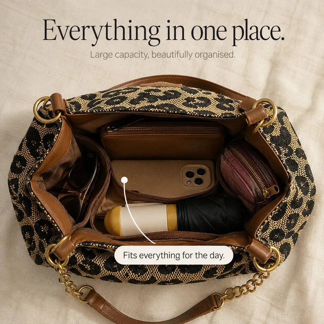 Woven Leopard Print Tote Bag with Leather Trim and Gold Chain