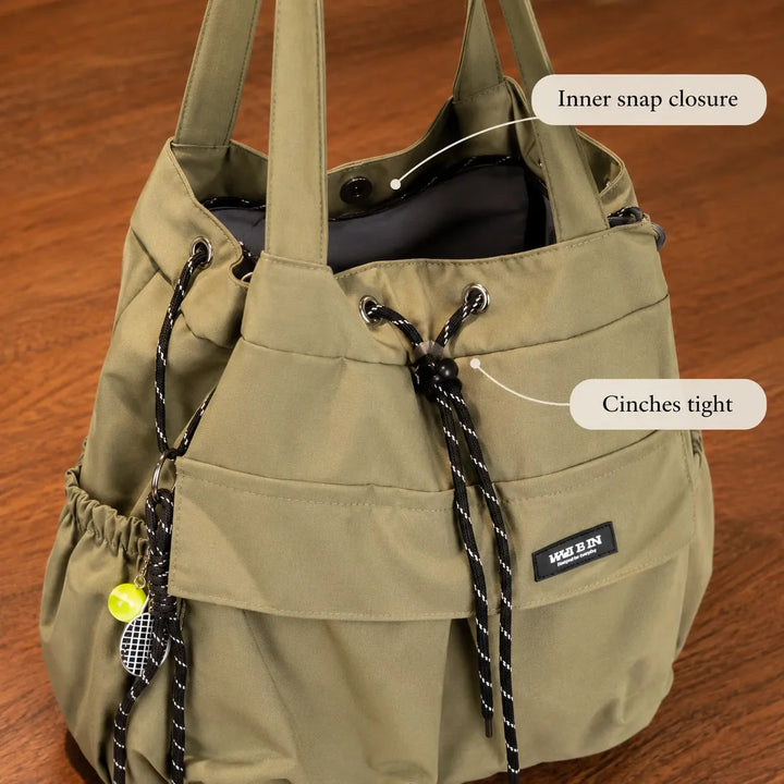 Convertible Drawstring Canvas Tote Backpack with Cargo Pockets
