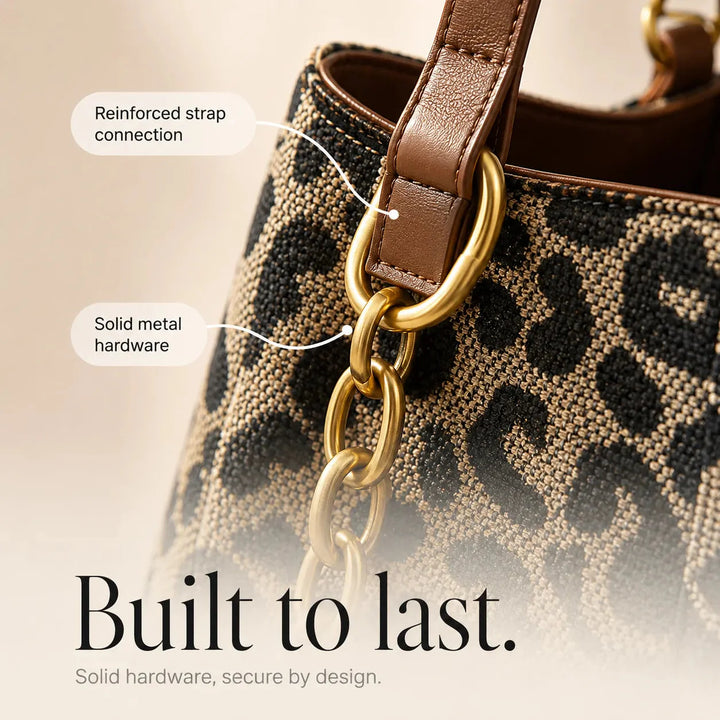 Woven Leopard Print Tote Bag with Leather Trim and Gold Chain
