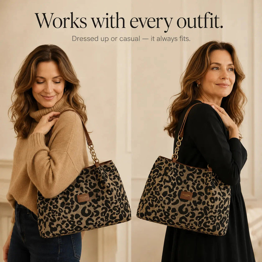 Woven Leopard Print Tote Bag with Leather Trim and Gold Chain