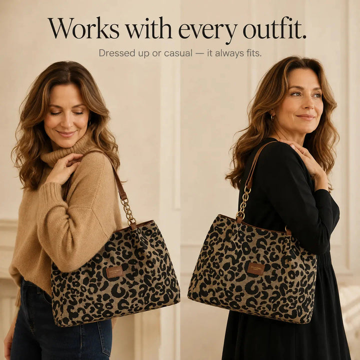Woven Leopard Print Tote Bag with Leather Trim and Gold Chain