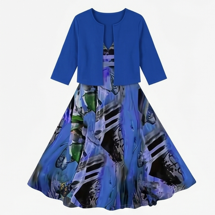 Printed Midi Dress with Attached Cardigan — View 11 | Clova