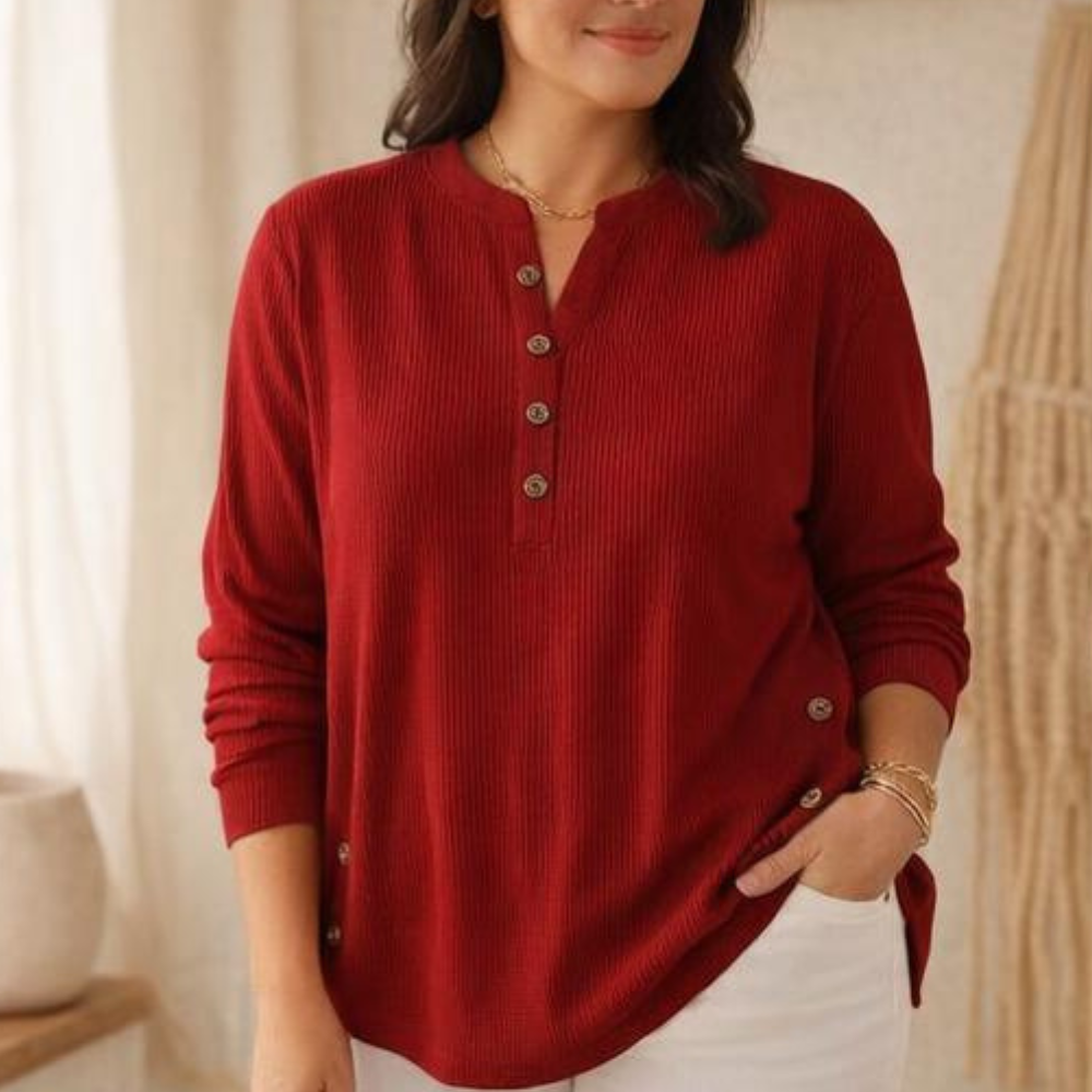 Ribbed Button-Up Henley Tunic — View 18 | Clova