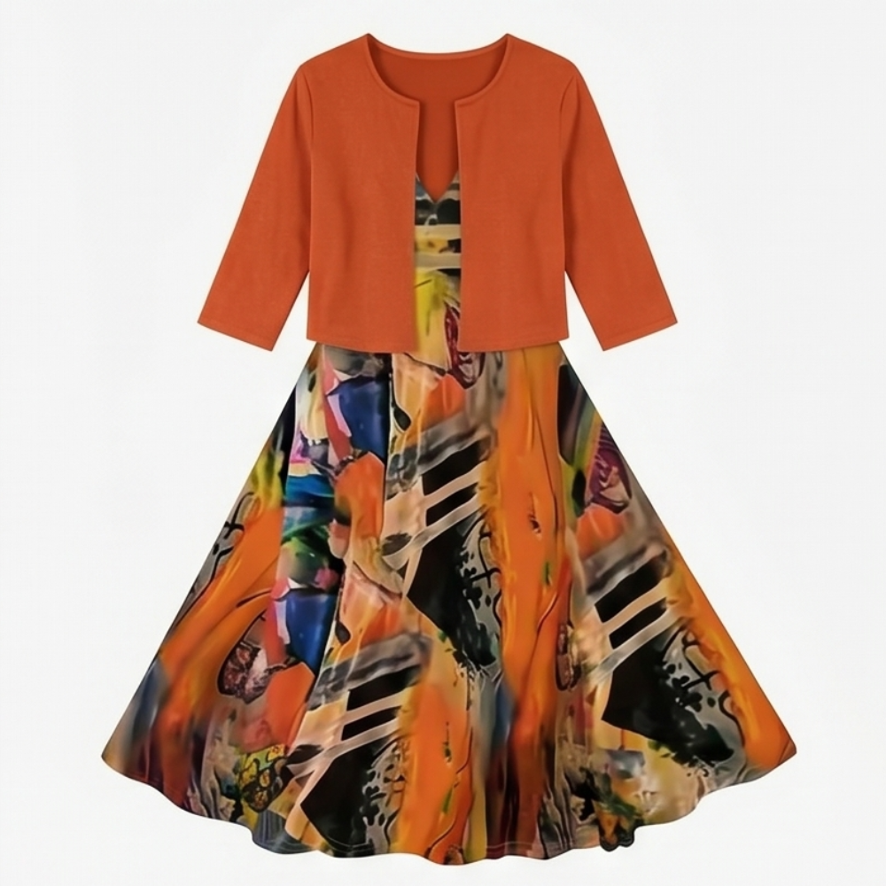 Printed Midi Dress with Attached Cardigan — View 12 | Clova