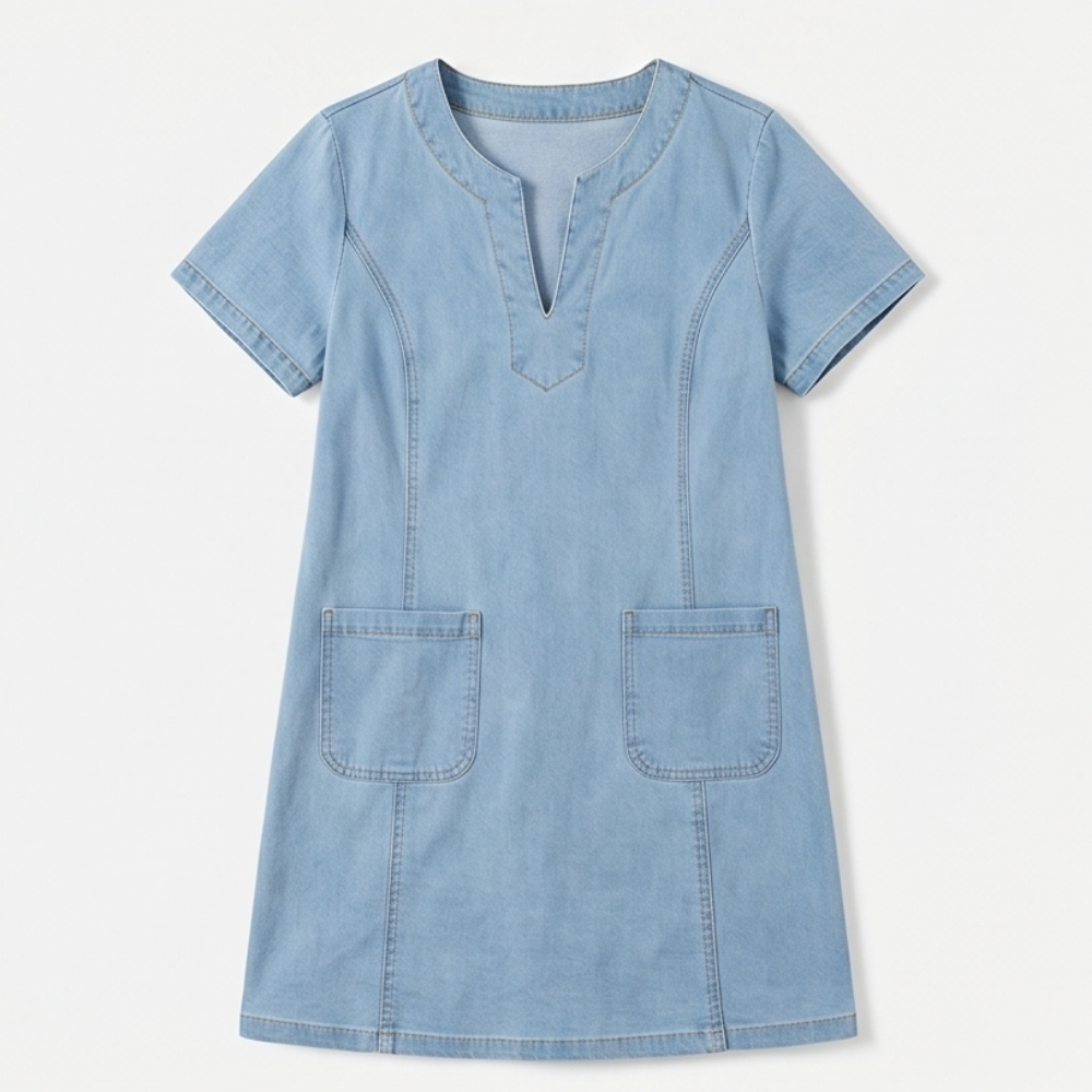 V-Neck Denim Dress with Pockets — View 12 | Clova