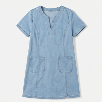 V-Neck Denim Dress with Pockets — View 12 | Clova