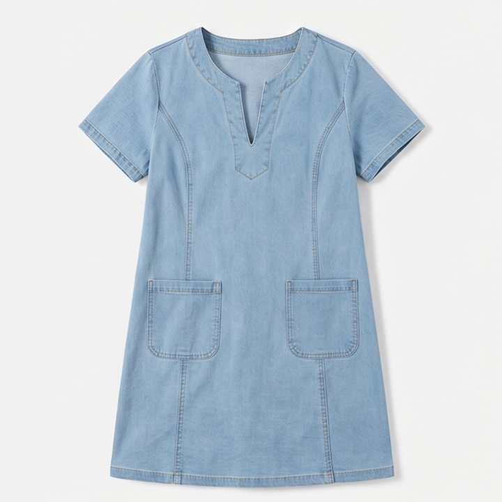 V-Neck Denim Dress with Pockets — View 12 | Clova
