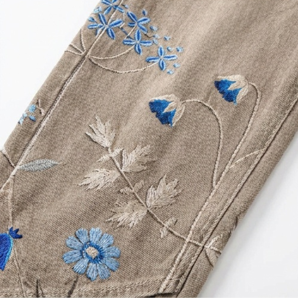 Embroidered Wide-Leg Jeans with Tulip Hem — View 9 | Clova