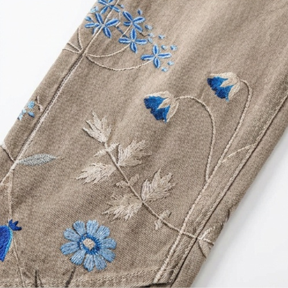 Embroidered Wide-Leg Jeans with Tulip Hem — View 9 | Clova