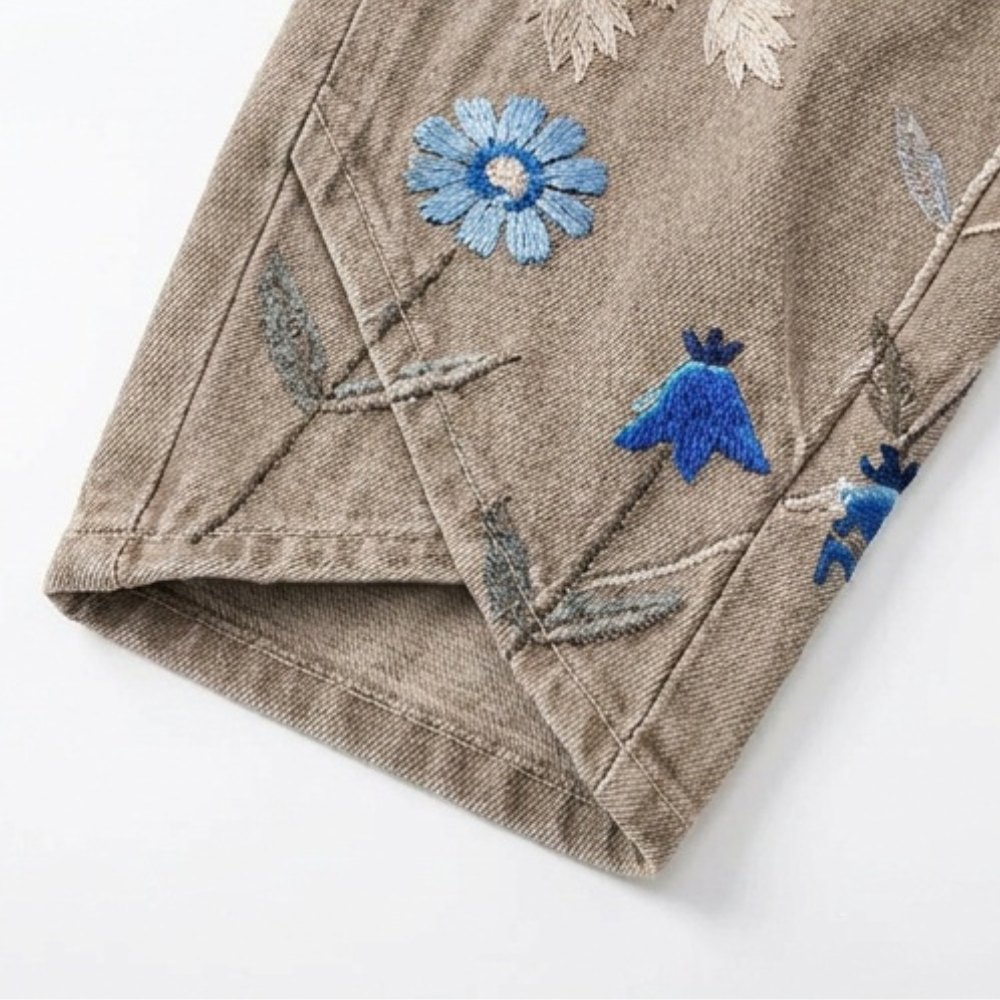 Embroidered Wide-Leg Jeans with Tulip Hem — View 10 | Clova