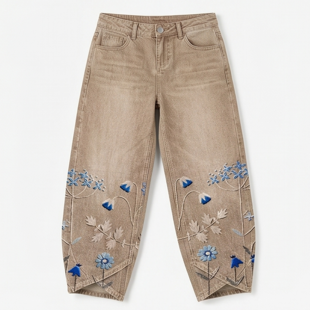 Embroidered Wide-Leg Jeans with Tulip Hem — View 16 | Clova
