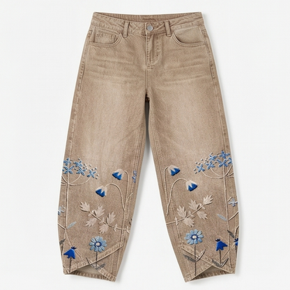 Embroidered Wide-Leg Jeans with Tulip Hem — View 16 | Clova