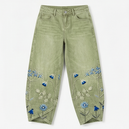 Embroidered Wide-Leg Jeans with Tulip Hem — View 11 | Clova