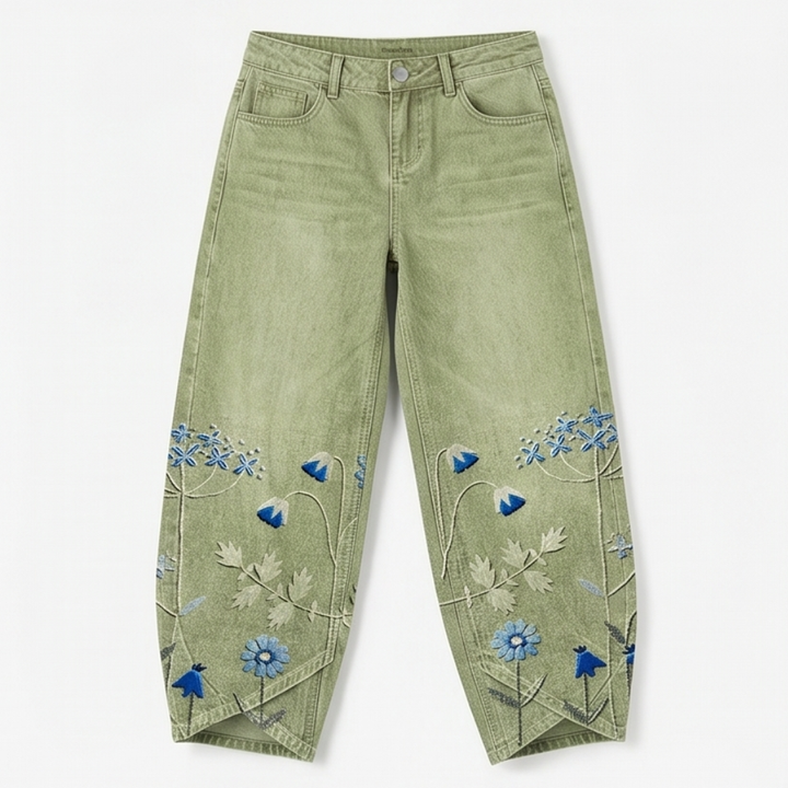 Embroidered Wide-Leg Jeans with Tulip Hem — View 11 | Clova