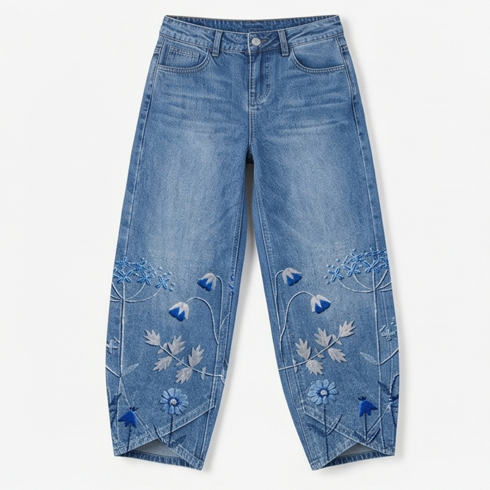 Embroidered Wide-Leg Jeans with Tulip Hem — View 12 | Clova