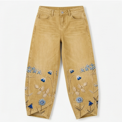 Embroidered Wide-Leg Jeans with Tulip Hem — View 13 | Clova