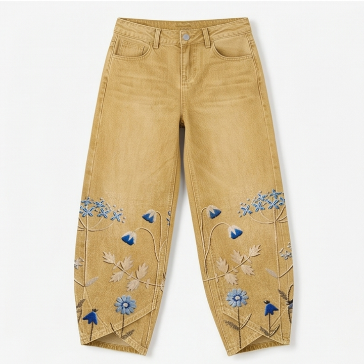 Embroidered Wide-Leg Jeans with Tulip Hem — View 13 | Clova