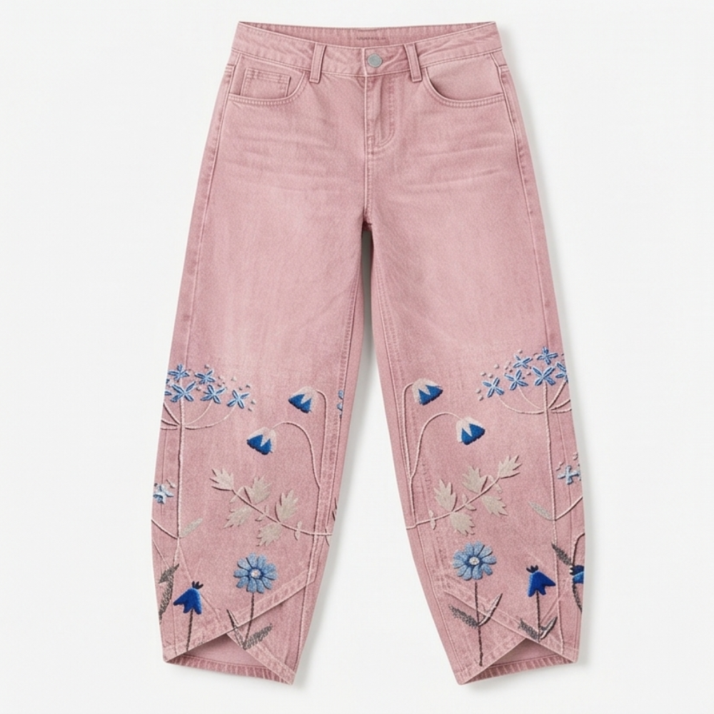 Embroidered Wide-Leg Jeans with Tulip Hem — View 14 | Clova