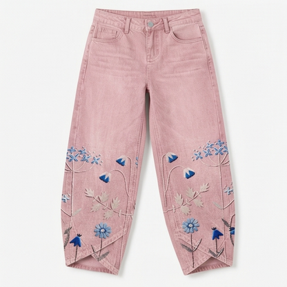 Embroidered Wide-Leg Jeans with Tulip Hem — View 14 | Clova