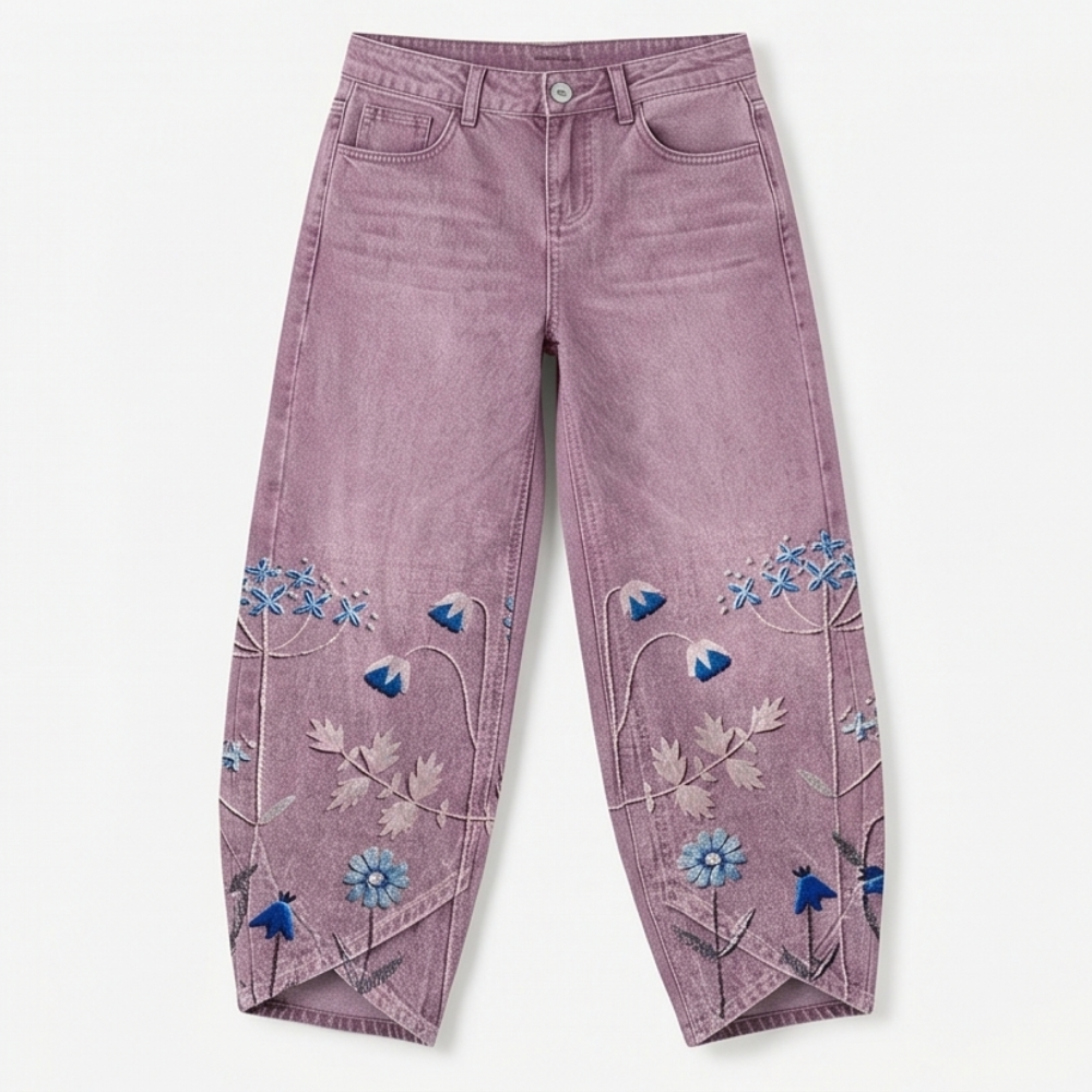 Embroidered Wide-Leg Jeans with Tulip Hem — View 15 | Clova