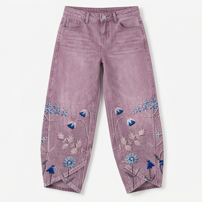Embroidered Wide-Leg Jeans with Tulip Hem — View 15 | Clova