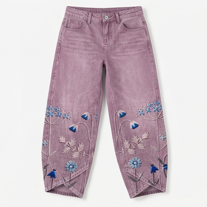 Embroidered Wide-Leg Jeans with Tulip Hem — View 15 | Clova