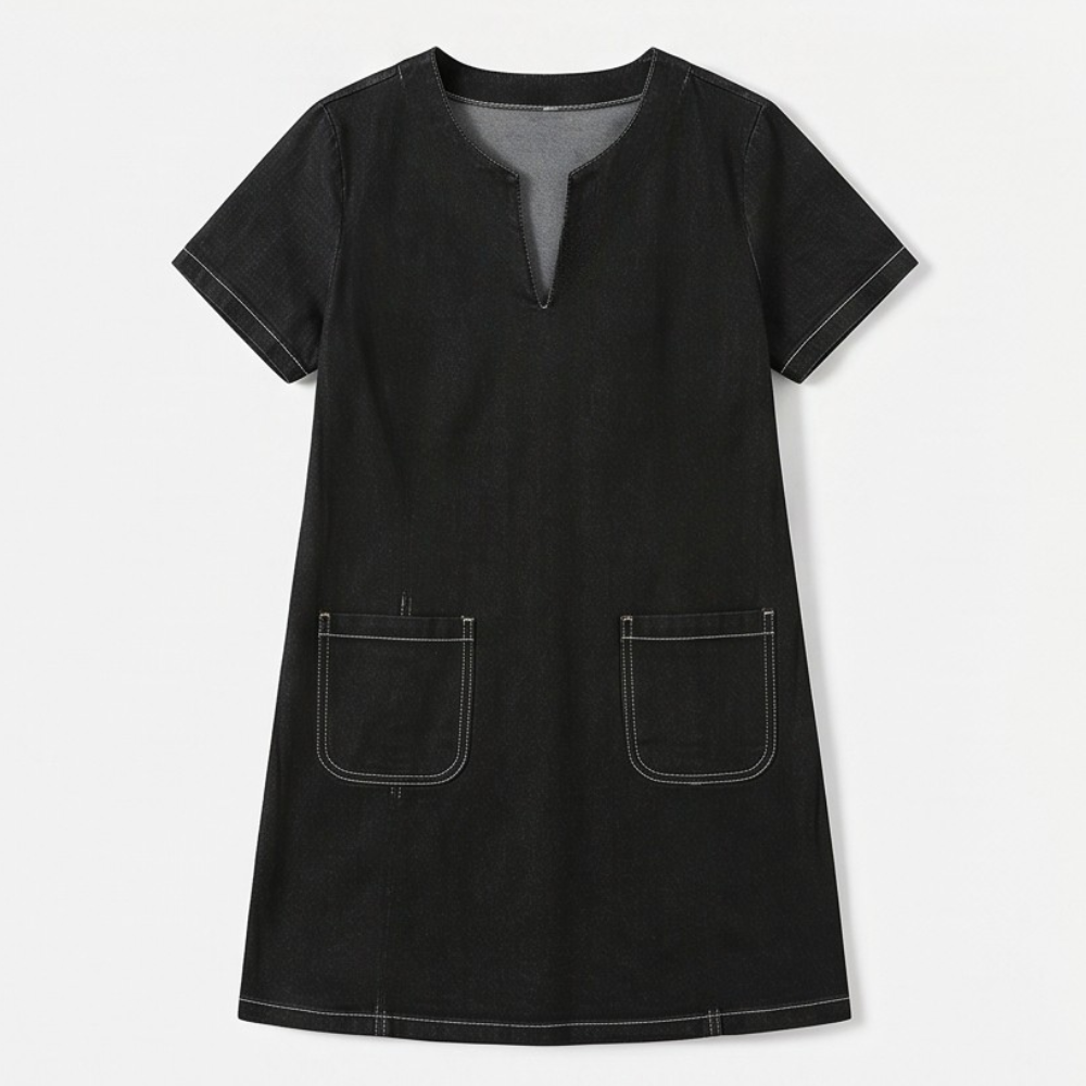 V-Neck Denim Dress with Pockets — View 11 | Clova