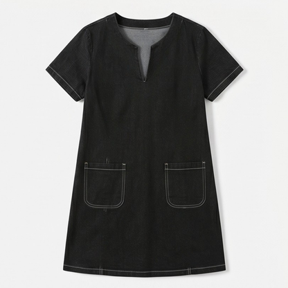 V-Neck Denim Dress with Pockets — View 11 | Clova