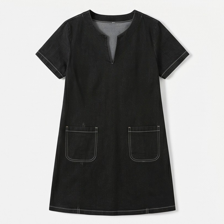 V-Neck Denim Dress with Pockets — View 11 | Clova