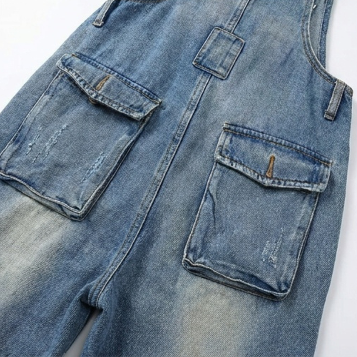 Button-Front Tapered Denim Overalls — View 8 | Clova