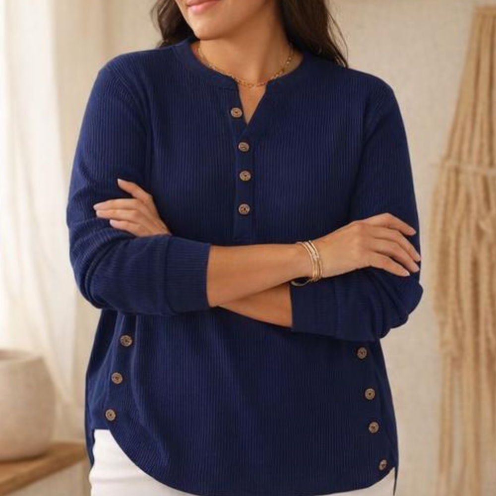 Ribbed Button-Up Henley Tunic — View 17 | Clova